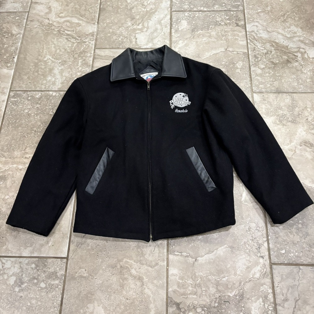 PLANET HOLLYWOOD coat Honolulu Black‎ Wool Leather Varsity Bomber Jacket S VTG